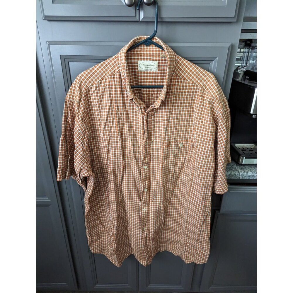 Herringbone Naturals Men Button Up Shirt 2XL Orange Plaid Short Sleeve Cotton